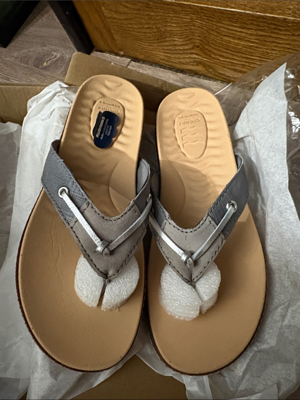 Sperry Gray and Tan Foam Toe-Post Sandals